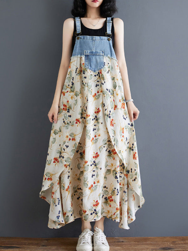Robe salopette maxi patchwork en denim et imprimé aquarelle