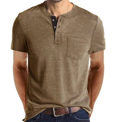 T-shirt Henley décontracté à manches courtes avec poche pour homme