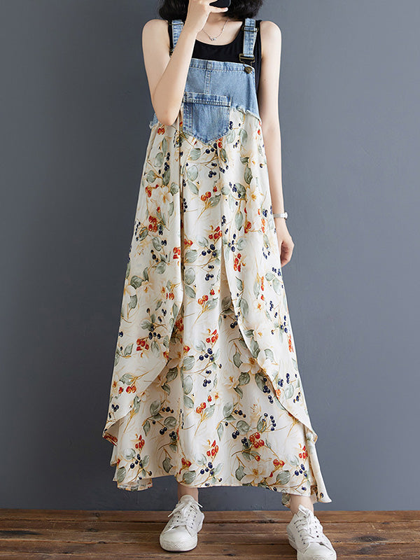 Robe salopette maxi patchwork en denim et imprimé aquarelle