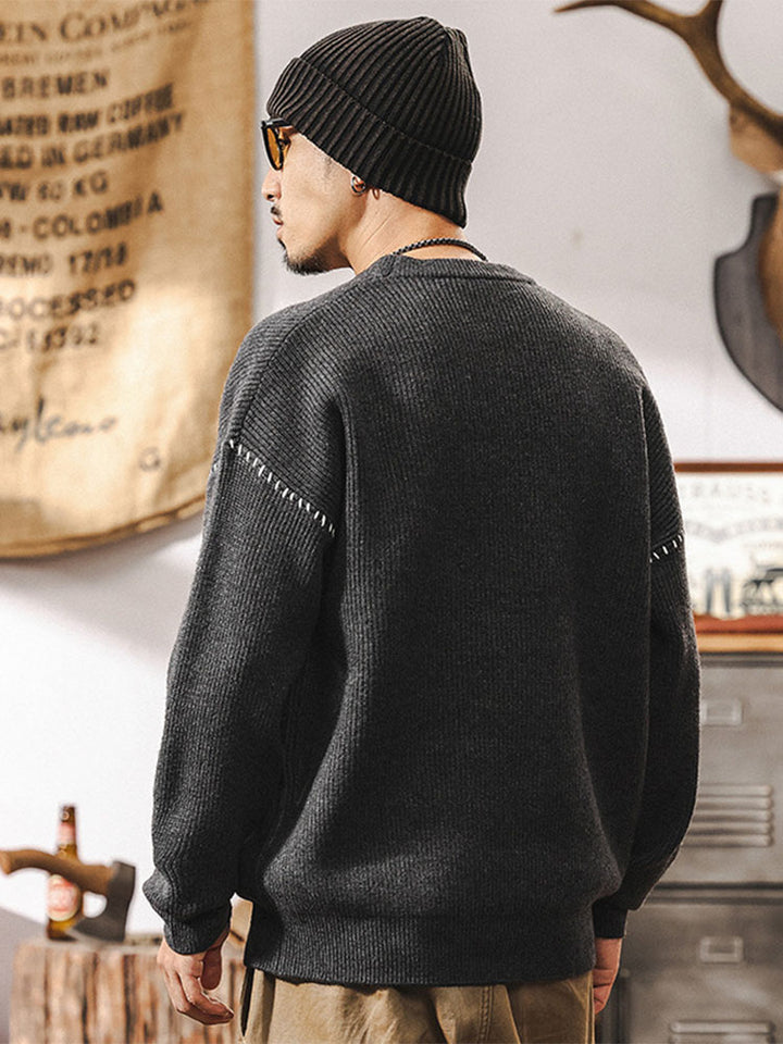 Herren Rundhals Strickpullover, Lockerer Schnitt mit Kontrastnaht‑Detail