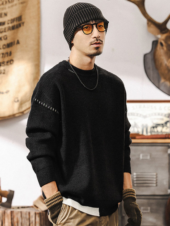 Herren Rundhals Strickpullover, Lockerer Schnitt mit Kontrastnaht‑Detail