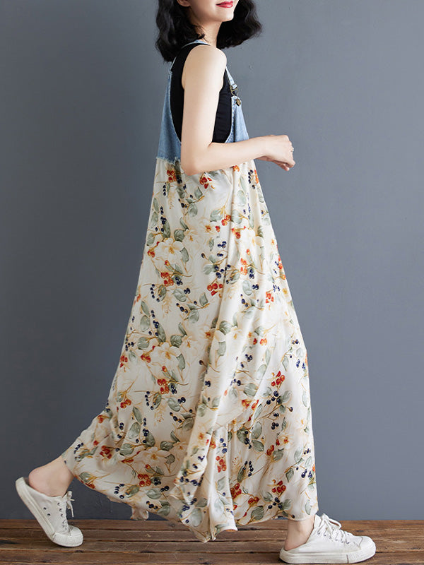 Robe salopette maxi patchwork en denim et imprimé aquarelle