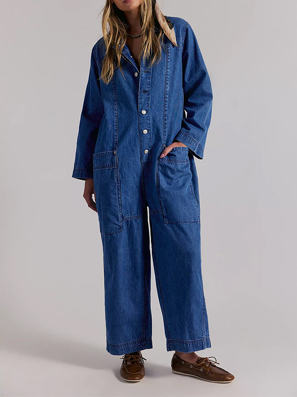 Combinaison-pantalon en jean à jambes larges pour femme