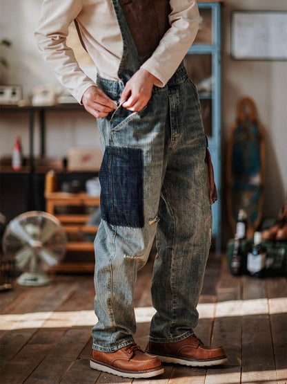 Men's Contrast Overalls Distressed Denim Dungarees