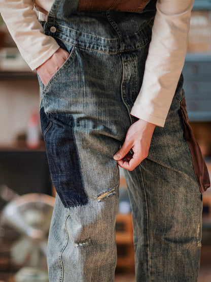 Men's Contrast Overalls Distressed Denim Dungarees