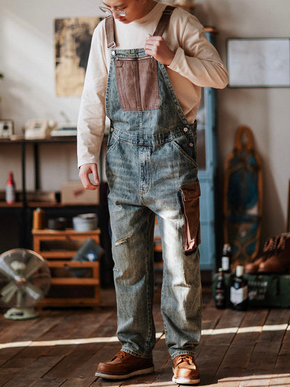 Men's Contrast Overalls Distressed Denim Dungarees