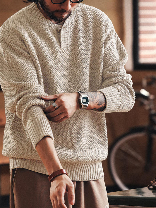 Herren Henry‑Knit Pullover mit strukturierter Oberfläche