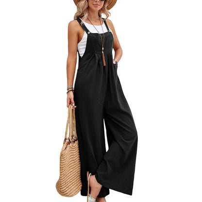 Jumpsuit mit weitem Bein und Riemen mit Knopfleiste und Tasche