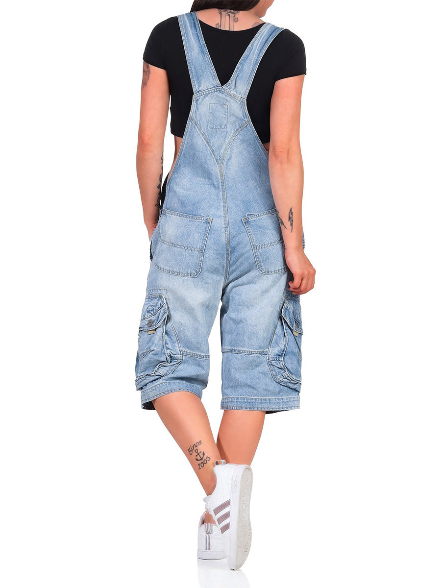 Kurze Jeans-Latzhose für Damen mit Cargotaschen