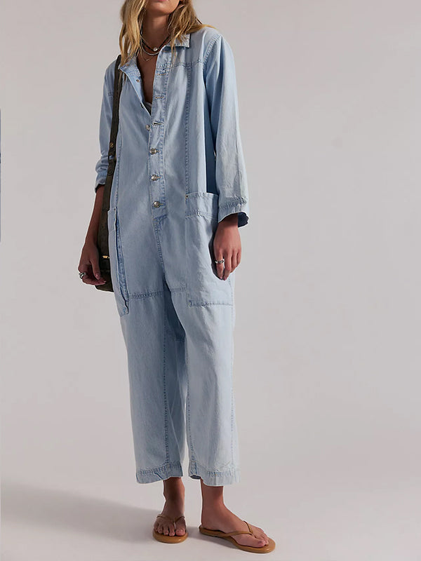 Combinaison-pantalon en jean à jambes larges pour femme