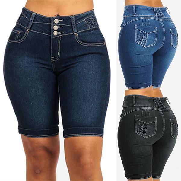 Bermuda-Denim-Shorts für Damen mit 3 Knöpfen